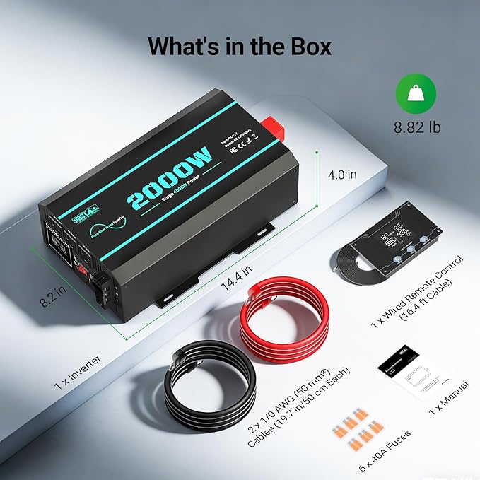 HQST 2000W Pure Sine Wave Inverter 12V DC to 110V AC Converter w/ 4000W Peak GFCI Protection 3X AC Sockets Hardwire Port Remote Solar Power Inverters for Vehicles Camping RVs Home Off Grid