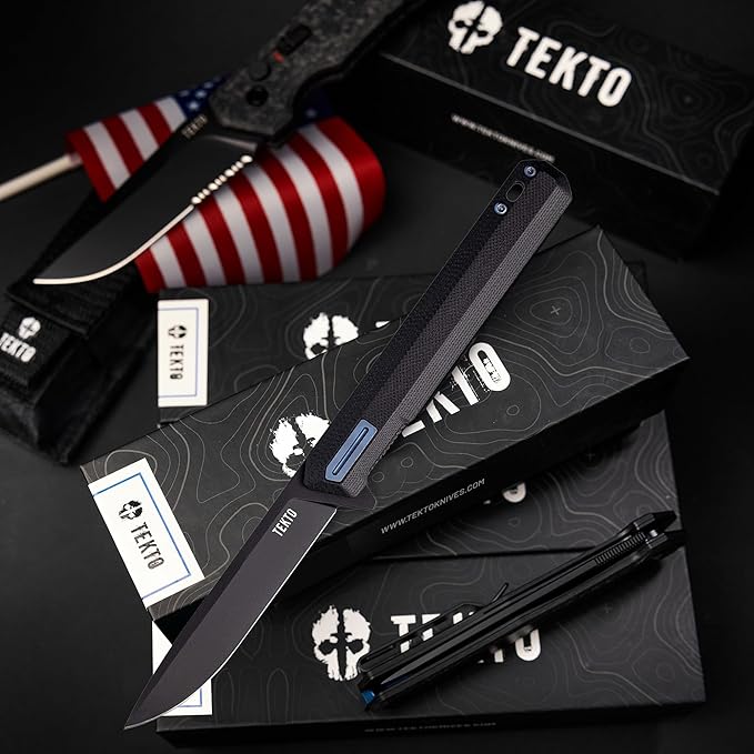 TEKTO F2 Bravo Folding Pocket Knife - D2 Steel Blade Ceramic Ball Bearings - EDC - Snap Swift Flip for Camping Backpacking - 2.4oz (68g) G10 Black Handle Blue Titanium Accents