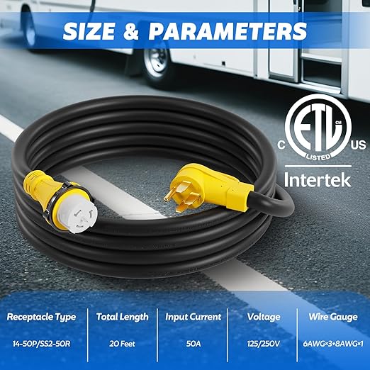 50A Generator Cord with Cord Organizer 20 FT 14-50P to SS2-50R Power Cord with Grip Handle Generator Plug with Twist Lock Generator Cord 50 amp 4 Prong for Emergency or Power Shortage ETL Listed