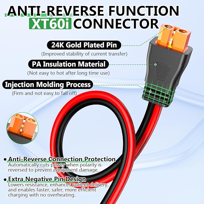Solar to XT60i Extension Cable 12AWG 50FT XT60i Female to Male Connector for RV Foldable Solar Panel Portable Power Station Solar Generator