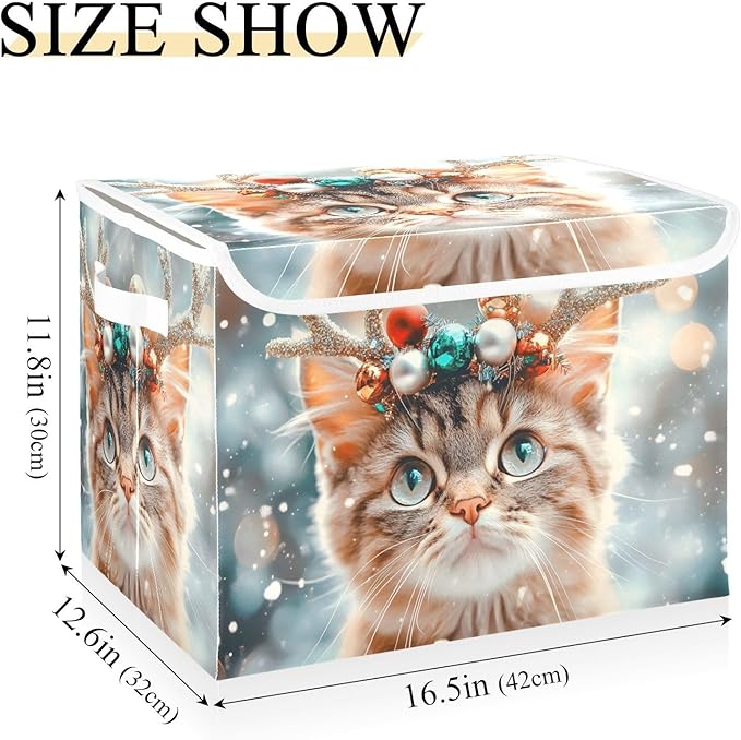 AIXIWAWA Lidded Storage Cube (Cat Christmas) Fabric Foldable Closet Bins with Flip Lid and Handles Organizer Basket Container 16.5 x 12.6 x 11.8 IN