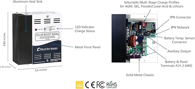 Solar Boost SB3024iL MPPT Charge Controller 40A/30A 12V/24V Battery. Auxiliary Output for Dual Battery Charge or 20A LVD Load Output