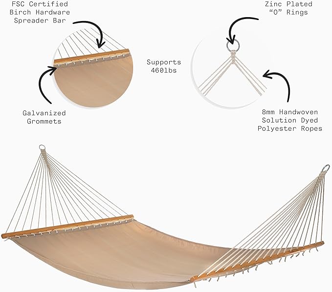 Fab Habitat Solid Recycled Polyester Hammock - Fargo - Khaki - Indoor/Outdoor Quick Dry 2 Person 460 lbs Capacity - Patio Poolside Backyard Garden Beach Balcony - 12-14 ft Adjustable