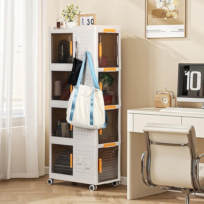 Foldable Storage Bins 4-Layer Stackable Storage Box with Lids Collapsible Storages Cabinet on Wheels Large Plastic Organizer Containers Transparent Closet Case Portable Solution White