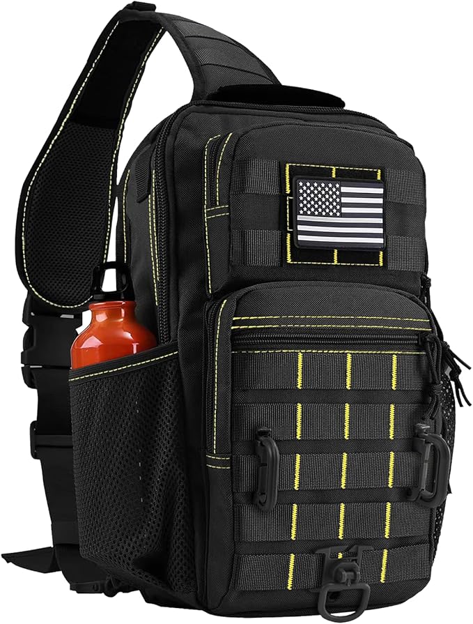 Rover Sling Pack Tactical Shoulder Sling Bag Backpack with Bottle Holder Crossbody Chest Bag Black with Yellow
