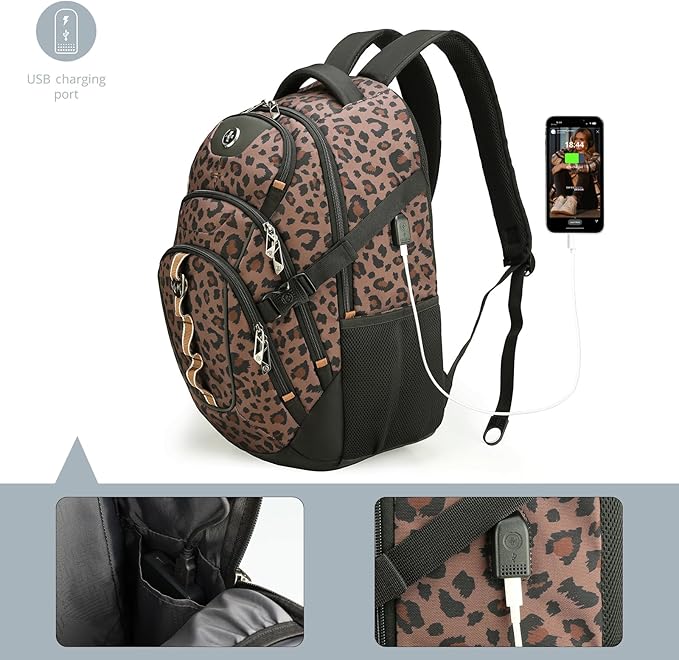 Swissdigital Laptop Backpack with USB Charging Port Travel Backpack Fits 15.6 inches Computer 31L Backpack for Men and Women Brown Leopard | SD803-103