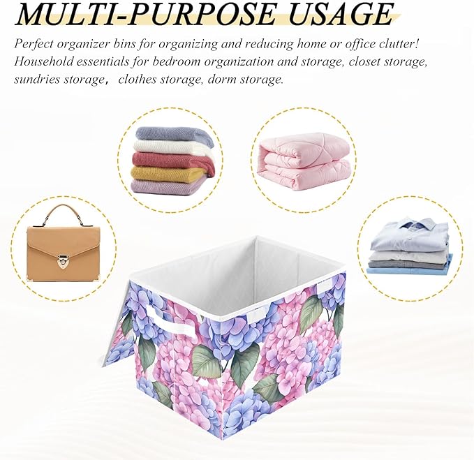 ALAZA Hydrangea Flowers Storage Bins Organizer Box Baskets Lidded Clothes for Shelves Closet Collapsible Stackable Storage Cubes Handles