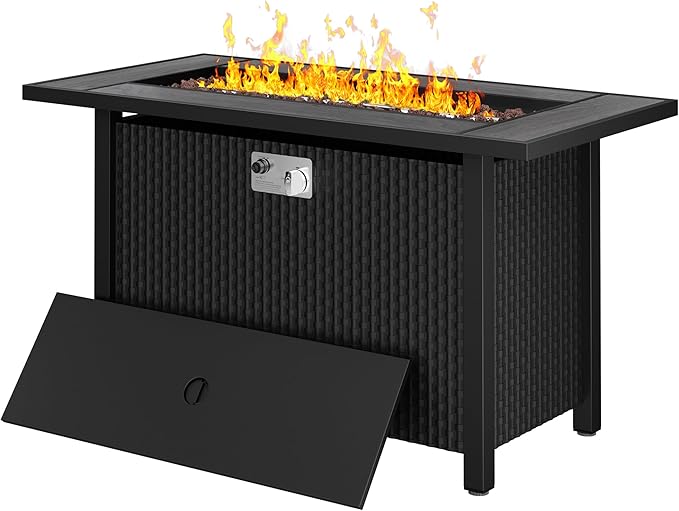 Walsunny 45 Inch Propane Fire Pit Table Outdoor Fire Pit 50000 BTU Gas Fire Pit Table Fire Table with Lid and Lava Rock for Outside Patio Garden Yard