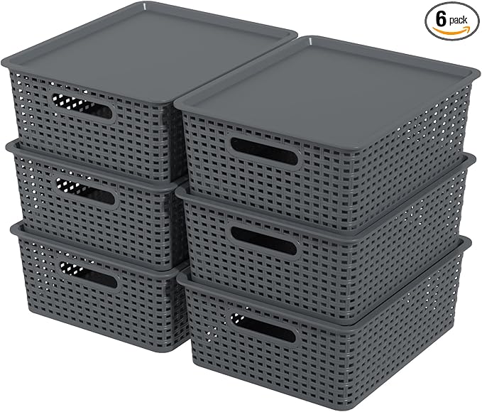 Gray Plastic Storage Basket Bins with Lid 6-Pack Stackable Baskets with Lid 14.05 x 11.65 x 5.31