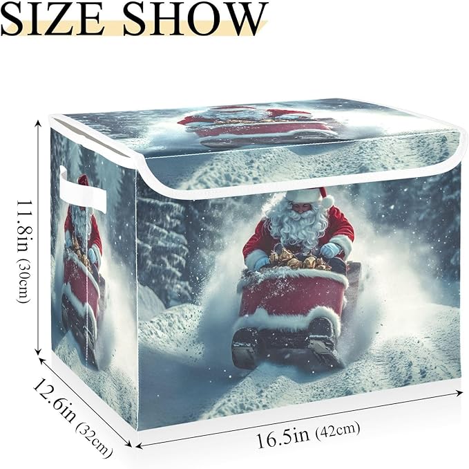 Storage Cube with Lid Skating Santa Christmas Print 16.5×12.6×11.8 IN Collapsible Large Capacity Foldable Storage Basket Bin Organizer