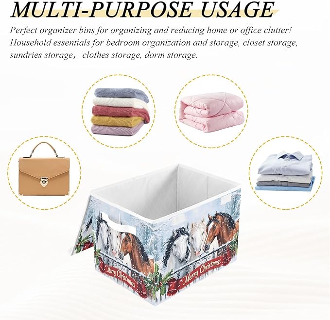 senya Christmas Baskets Collapsible Storage Bins with Lids Horses in The Snow Christmas Storage Boxes Clothes Baskets for Organizing