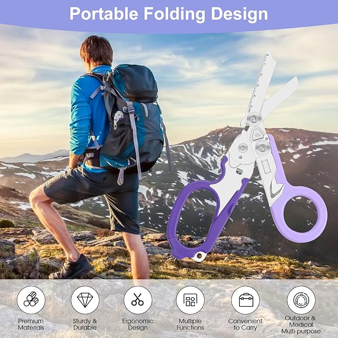 6-in-1 Heavy-Duty Emergencytrauma shears Folding Retractable Emergency Shears Outdoor Camping Tools Seat Belt Cutter Oxygen Cylinder Wrench Complimentary Adjustable Wrench (Purple)