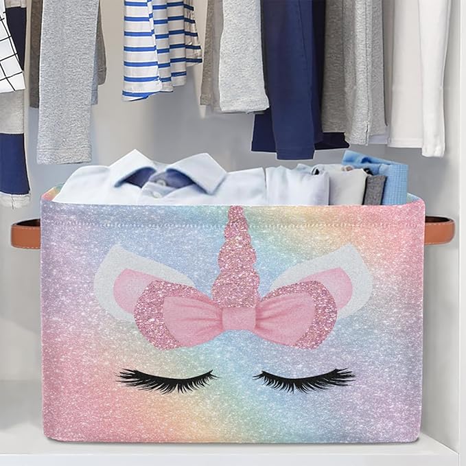 Pardick Unicorn Face Pink Basket Storage Bins Large Fabric Toys Storage Cube Box with Handles Collapsible Closet Shelf Cloth Organizer Basket for Nursery Bedroom Bathroom Holiday Gift