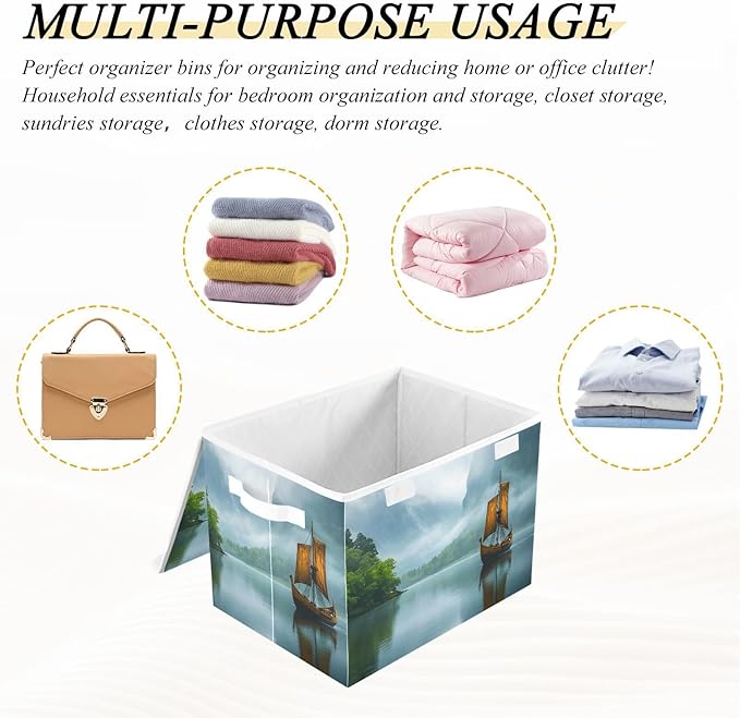 AIXIWAWA Lidded Storage Cube (Retro Boat) Fabric Foldable Closet Bins with Flip Lid and Handles Organizer Basket Container 16.5 x 12.6 x 11.8 IN