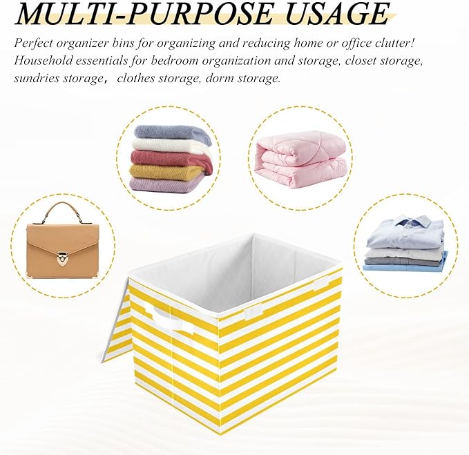 Bright Yellow and White Stripes Collapsible Storage Bins with Lids Decorative Fabric Cubes Closet Organizer Basket Boxes Containers for Clothes Box Chest Folding Rectangle
