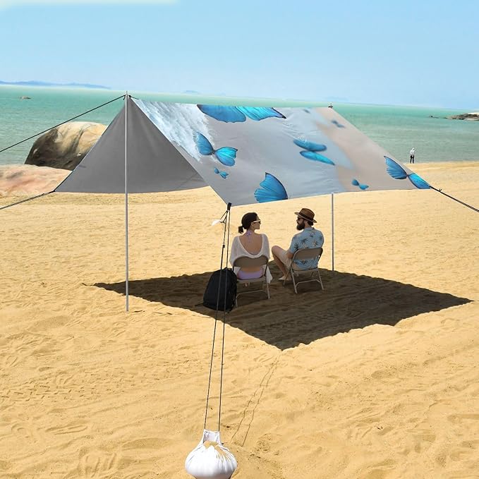 ALAZA Blue Butterflies Beach Beach Tent Sun Shelter UPF50+ Protection Beach Shade Canopy w/ 4 Sandbags for Outdoor Camping Fishing Backyard Fun Picnic 10x9 ft