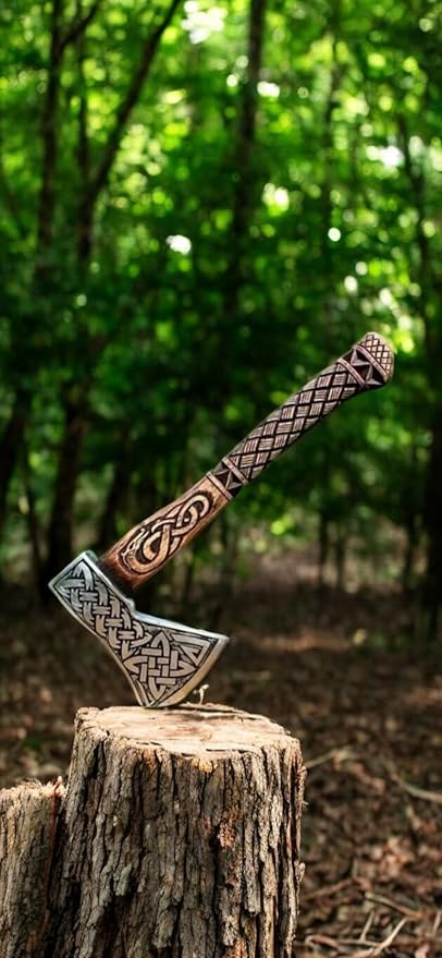Poshland AX-7615 Custom Gift Forged Carbon Steel Viking Axe with Rose Wood Shaft Viking Bearded Camping Axe