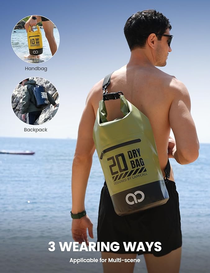 Lamicall 10L &amp 30L Dry Bag Waterproof Backpack - [Zippered Pocket] Roll Top Waterproof Bag Olive Green &amp Lemon Yellow