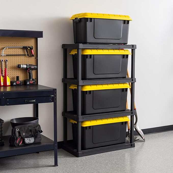 IRIS USA WeatherPro 21 Gallon Lockable Storage Bins with Lids 4 Pack - Made in USA Heavy Duty Stackable Containers Garage Organizing Tubs Rugged Sturdy Equipment Utility Box - Black/Yellow