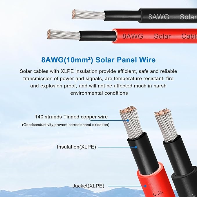 XRDS -RF 8AWG Solar Panel Wire 10mm² 2 Pack 30FT Red &amp Black Solar Extension Cable PV Wire with Tinned Copper Sunlight &amp UV Resistant for Solar Panel RV Inverter Battery Off-Grid Syste