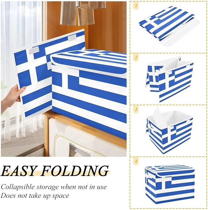 Greece Flag Fabric Decorative Storage Box Cube with Lids and Handle Collapsible Storage Boxes for Home Bedroom Closet Office.