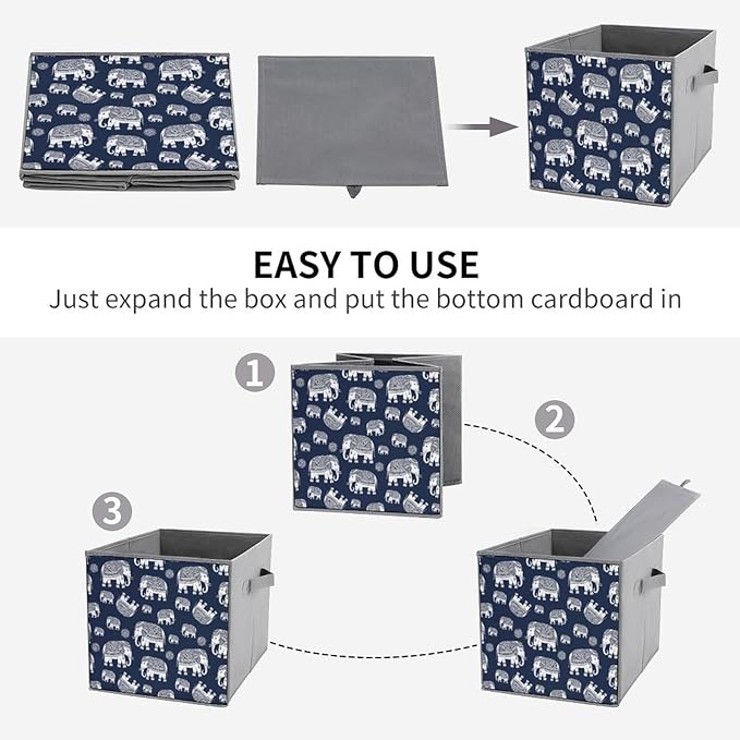 Foldable Cube Storage Organizer with Handles Navy Elephant Durable Collapsible Fabric Bin for Travel &amp Camping Portable Organizer for Gear &amp Supplies