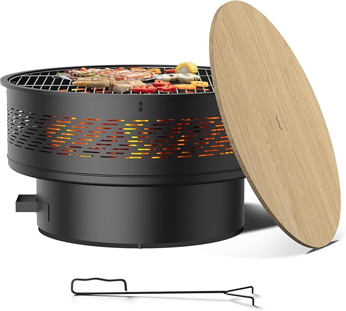 32 Fire Pits with Cooking Grill Fire Pit Table with Lid &amp Fire Poker Round Wood Burning Firepit for Outside Multifunctional Outdoor Fire pits for BBQ Table Picnic Camping Bonfire Party