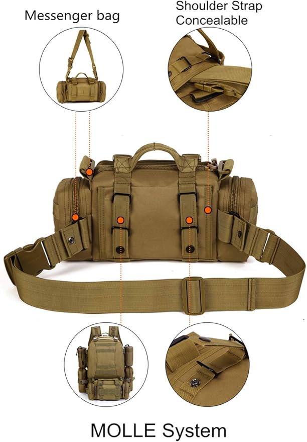UNISTRENGH Utility 3P Military Tactical Duffle Waist Bags MOLLE Assault Shoulder Backpack Multifunction EDC Pouches Heavy Duty Fanny Packs (Brown)