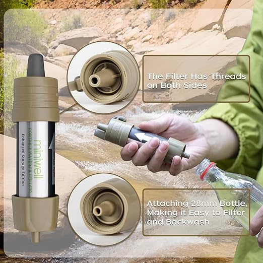 Miniwell L630 Portable Water Filter with Upgraded Vacuum Packaging - 25 Year Storage Long Lasting and Versatile Usage Options 2 Pack Filter and 1L Bottles