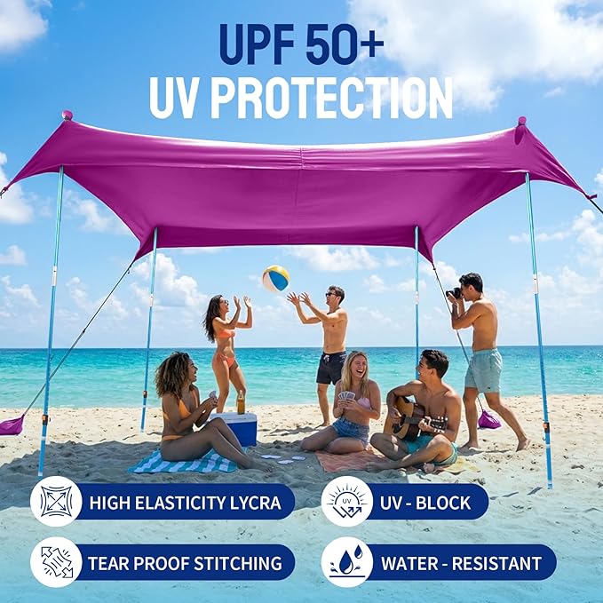 CROWN SHADES 10x10 Beach Tent Sun Shelter Easy Pop Up Beach Canopy Shade Portable Outdoor Carpas UPF50+ Includes 4 Poles Adjustable Aluminium Extra-Large Big Sand Shovel Purple