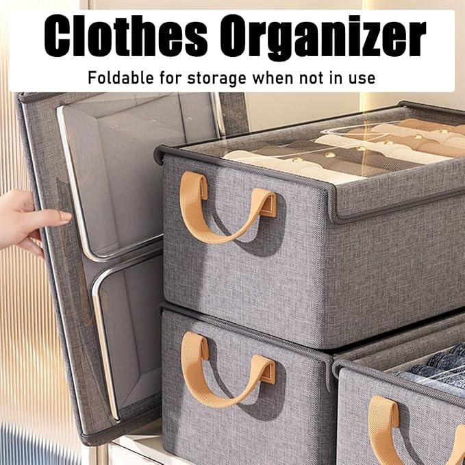 4PCS Foldable Storage Box with Lid - Extra Large Fabric Closet Organizer for Clothes 18.5x11x7.9 Inch Canvas Bin Collapsible Design for Bedroom Shelf Closet Underbed (Grey)