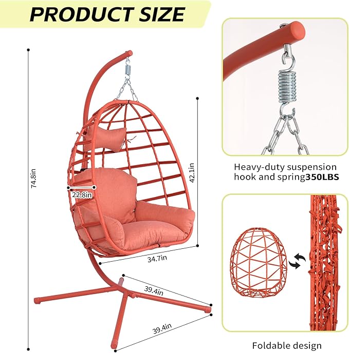 Hanging Egg Chair with Stand Outdoor Indoor Patio Rattan Swing Hammock Chairs with Washable Cushion 350lbs Capacity PE Wicker Swing Chair for Backyard Bedroom Garden (Orange + Orange Cushion)