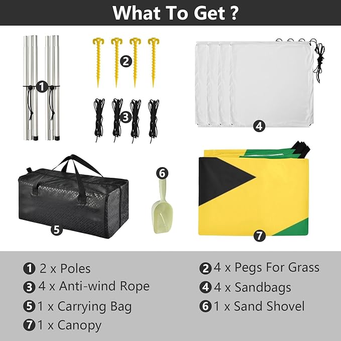 Jamaica Flag Beach Tent UPF50+ Protection Easy Setup Shade Sun Shelter with Sandbags Sand Shovel Poles for Backyard and Camping