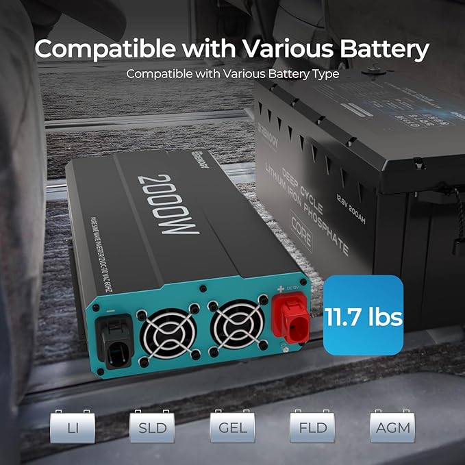 Renogy Inverter P2 2000 watt Pure Sine Wave Inverter Solar Car Power Inverter 12V to 120V AC Converter for RV Truck Camping Home Backup Outdoor Emergency Off-Grid Living 16.4FT Remote Control