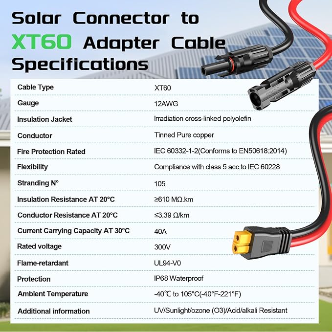 Bateria Power Solar Panel Cable for Ecoflow Anker SOLIX 10AWG 50FT XT60 Solar Cable XT60 Extension Charge Extension Cable Compatible with EcoFlow Anker BLUETTI &amp Generator