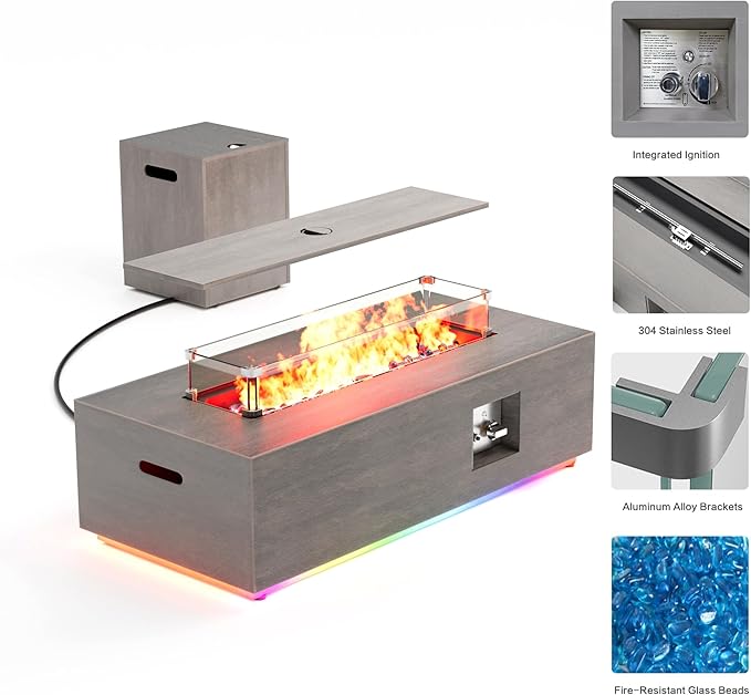42 Outdoor Fire Pit Table 50000 BTU Gas Fire Pit with Glass Wind Guard Fire Stones Waterproof Cover Propane Fire Pit Table for Outside Patio (RGB Light Brown)