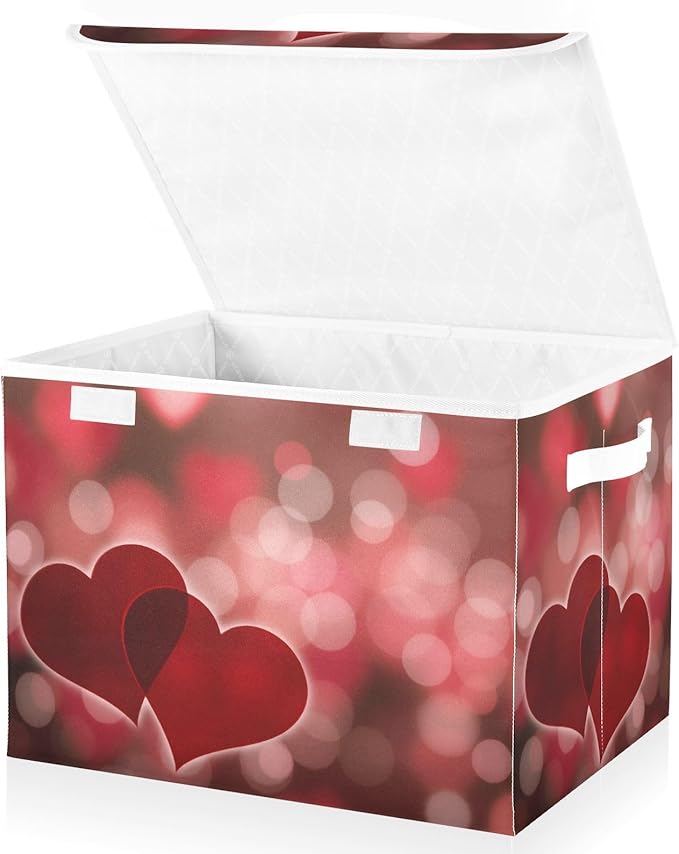 senya Valentines Baskets Collapsible Storage Bins with Lids Hearts Bokeh Effect Storage Boxes Clothes Baskets for Organizing