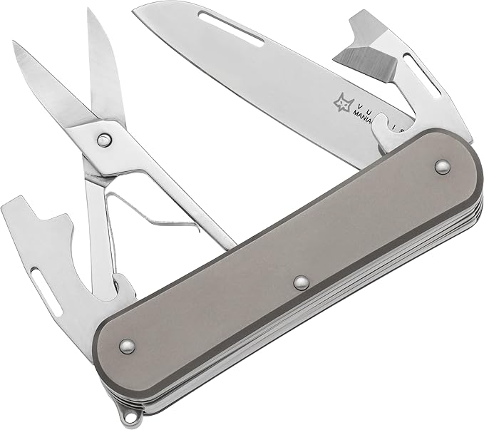 Fox Knives Vulpis FX-VP130-F4 Slipjoint Folding Knife 4-in-1 Multitool 2.17in Blade Bottle Opener Can Opener Flat Head Screwdriver Scissors - Compact Versatile Minimalist Pocket Knife (Titanium)