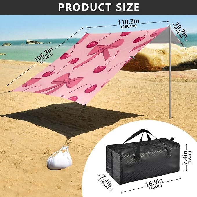 ALAZA Pink Bow and Cherry Beach Tent Sun Shelter Portable Canopy Sunshade for Outdoor Camping Picnics Backyard Fun 10x9 ft