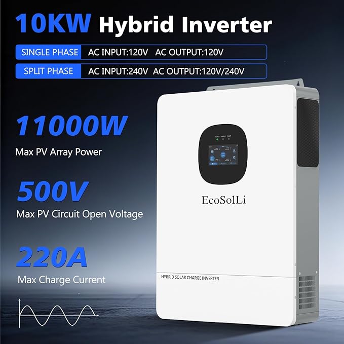 10000W Hybrid Solar Inverter48V DC to 110V/240V(settable) AC Split Phase Solar InverterUL1741 Pure Sine Wave Inverter Built-in 2 MPPTs Max 220A Battery Max. 6 Parallel for Home RVs Lead Acid/Li
