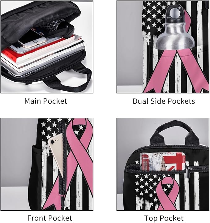 Breast Cancer Awareness Pink Ribbon American flag Travel Laptop Backpack Womens Mens Bag Bookbag