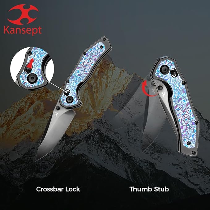 KANSEPT Apollo Pocket Knive 3.11Mirror DLC CPM S35VN Blade Blackwash Titanium inlaid Timascus Handle with ThumbStudCross Bar Lock Folding for Men WomenSharp Camping Survival Hiking Knives K2107V5
