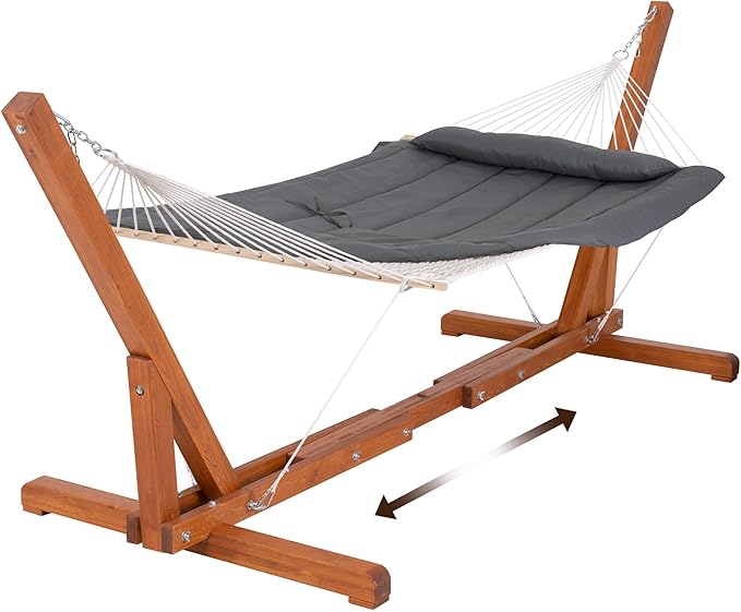 SUNCREAT Hammocks Double Cotton Rope Hammock with Polyester Pad Heavy Duty Hammock with Wooden Stand Dark Gray