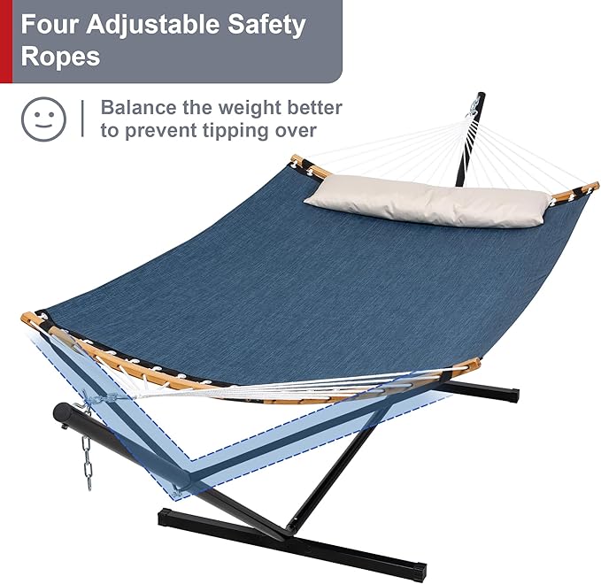 2 Person Hammock with Stand Included Quick Dry Hammock with Curved Spreader Bars for Outside Poolside 450 Lbs Capacity Dark Blue