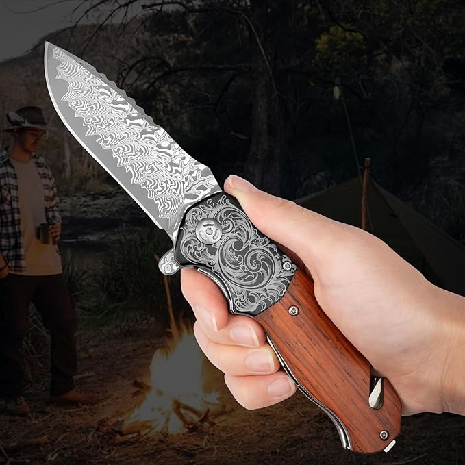Zingbee Pocket Knife with Glass Breaker EDC Damascus Folding Knife with Seatbelt Cutter 3.35 VG10 Damascus Steel Blade Multitool Pocket Knives with Wood Handle