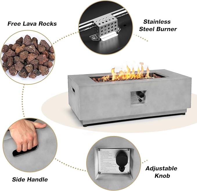 2-Piece Outdoor Propane Fire Pit Table Set w/Tank Cover Table 42inch 50000 BTU Rectangle Concrete Firepit SUS201 Burner with Steel Lid Lava Rocks Rain Cover