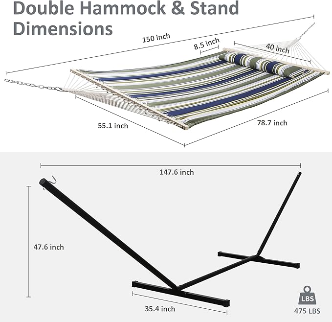 SUNCREAT Double Hammock Extra Large Quilted Fabric Swing with Hardwood Spreader Bars &amp Detachable Pillow Heavy Duty Perfect for Indoor/Outdoor Patio Deck Yard Blue&ampAqua