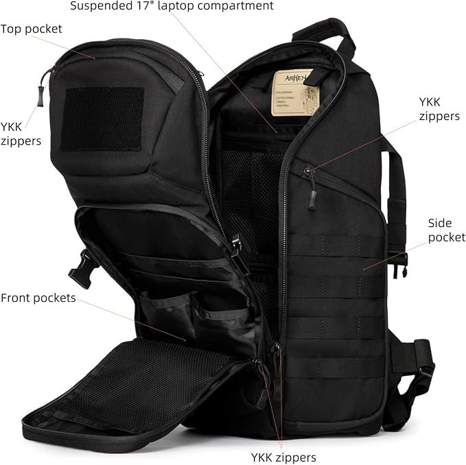AMHEH 32L Tactical Backpack - 17 Laptop Suspended Protection 1050D Rugged Urban Everyday Carry Pack Get Home Bug Out Bag (Black)