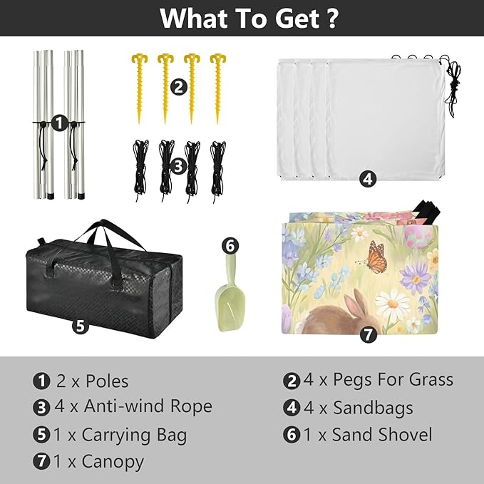 xigua Easter Bunny Beach Tent Sun Shelter with Carrying Bag - Silver Coated Oxford Fabric Beach Canopy for Beach Camping Fishing - Includes Windproof Ropes Sandbags &amp Stakes