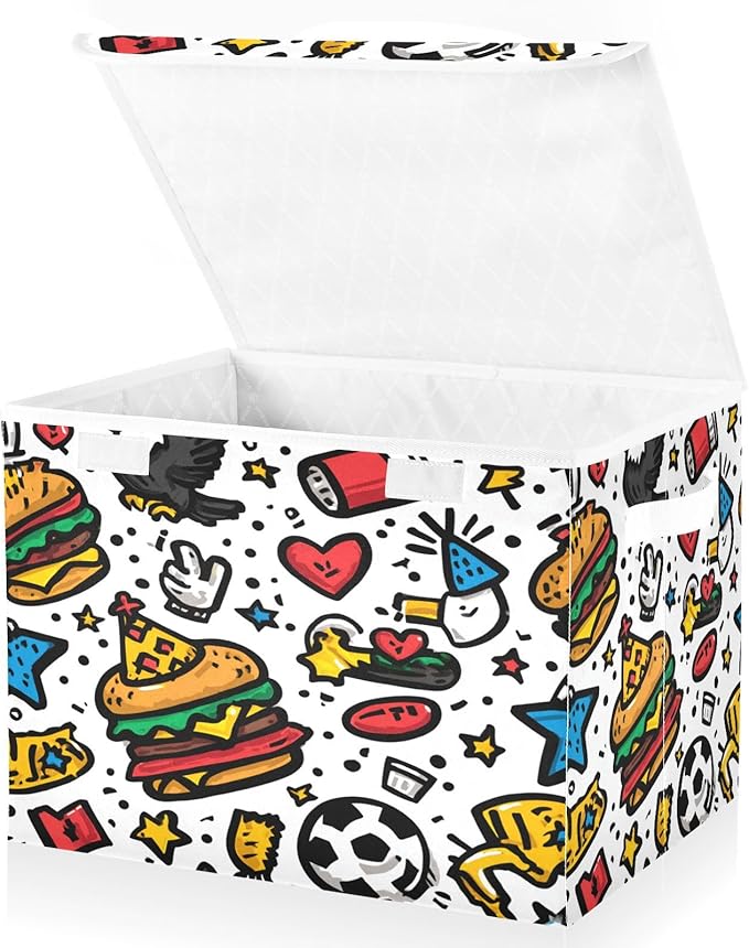 Storage Bins With Lid Stackable Fabric Closet Organizer Clothing Storage Large Boxes For Closet Shelves Bedroom Burger Soccer Heart Eagle Cartoon